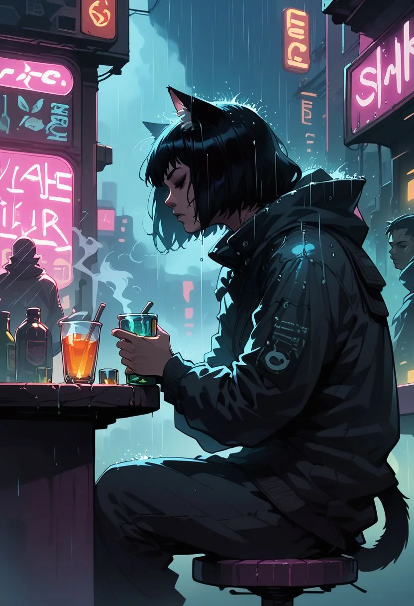 score_9, score_8_up, score_7_up, score_6_up, 1girl, Black hair, catgirl, neon, futuristic, vape, vaping, bar, sitting, rain, sinozick style, g4n1m3
