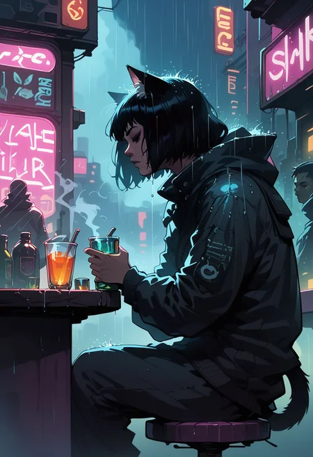 score_9, score_8_up, score_7_up, score_6_up, 1girl, Black hair, catgirl, neon, futuristic, vape, vaping, bar, sitting, rain, sinozick style, g4n1m3
