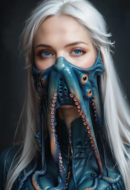 score_9, score_8_up, score_7_up, rating_safe, concept art, semi-realistic, 1girl, solo.
Young beautiful face, fit body,
Long white hair, Blue eyes.
(Big breast:1.2), (Round breast:1.2).
OctopusMask, Tentacle Face mask. (Long tentacles:1.5)
