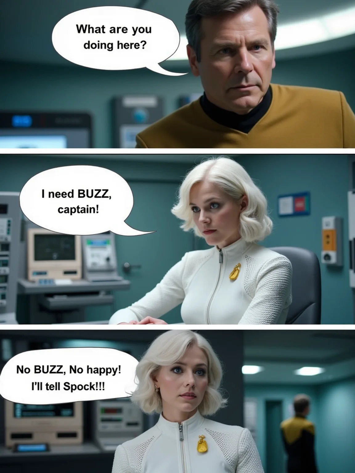 high definition, extremely detailed, 
masterpiece, photo realistic, 

This image is a composite photograph featuring three distinct scenes in the USS Enterprise a medical facility.

The top image shows a man, The captain of the USS Enterprise, Christopher Pike, possibly in his late 30s or early 40s, with short, graying hair. He is dressed in a golden unifrorm.
saying in a bubble text 'What are you doing here?'.
look at viewer with a look of surprise.

The middle image shows a young woman is Christine Chapel, A civilian nurse on the USS Enterprise, with light skin and white short hair styled. 
She is dressed in a form-fitting, white, high-tech jumpsuit with textured, mesh panels on the sleeves and chest. The jumpsuit has a zipper down the front and features a yellow emblem on the left breast, likely a corporate or space agency logo. 
She is sitting in front of the workstation, staring at the monitor.
large speech bubble says 'I need BUZZ, captain',

The bottom image is Christine Chapel, A civilian nurse on the USS Enterprise, with light skin and white short hair styled in loose waves. She has a neutral expression, standing with her hands clasped in front of her. She is dressed in a form-fitting, white, high-tech jumpsuit with textured, mesh panels on the sleeves and chest. The jumpsuit has a zipper down the front and features a yellow emblem on the left breast, likely a corporate or space agency logo. 
She is standing in the doorway, shy smilie and looking at viewer. 
A word bubble above her says 'No BUZZ, No happy! I'll tell Spock!!!'.