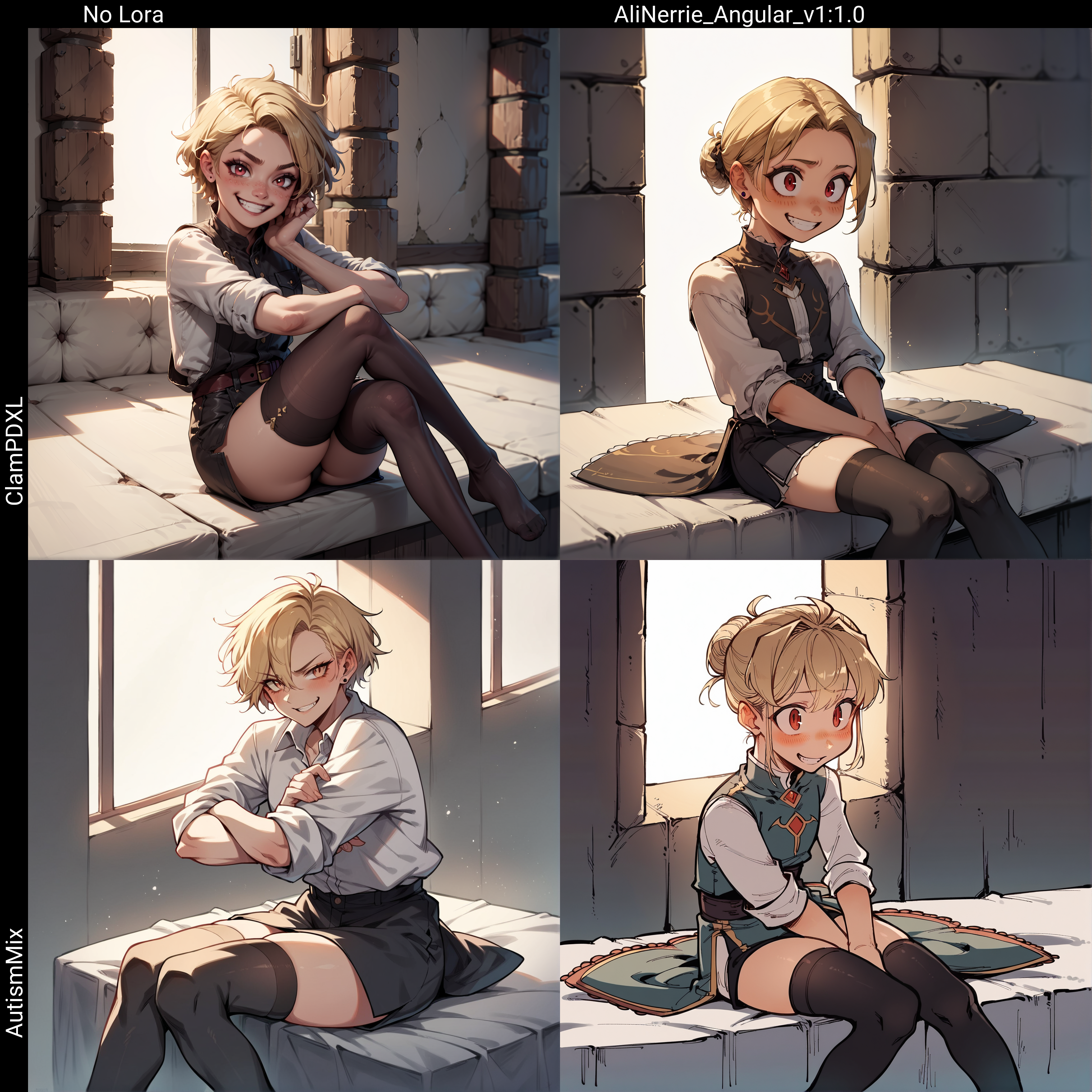 1girl, dark blonde hair behind ear, blush, evil, wide smile, sleeves rolled up, thighhighs, high tops, sitting, rating_safe