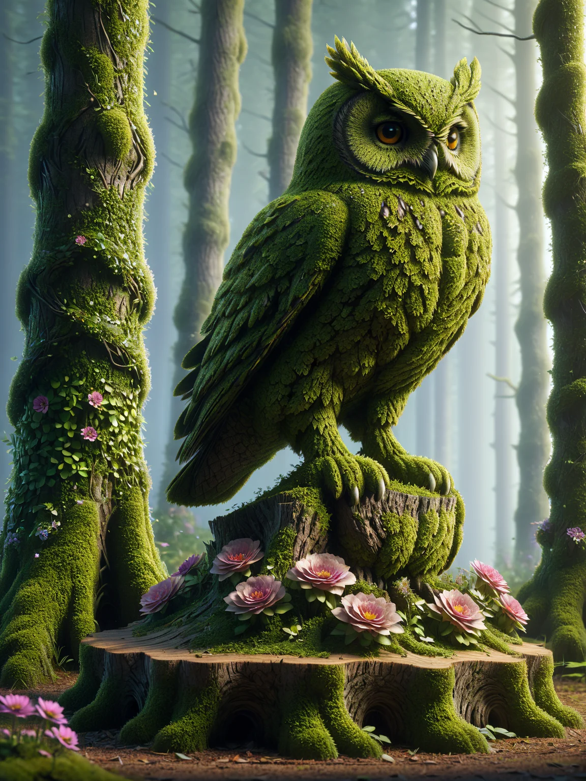 (mad-hecke owl:1.4) perched on a tree stump, forest clearing, colorful flowers, <lora:Hedge_Row_SDXL:1.0>, (masterpiece:1.2), best quality, (hyperdetailed, highest detailed:1.2), high resolution textures