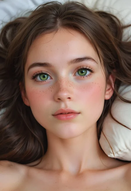 score_9, score_8_up, score_7_up, freckles, brunette girl, long hair, ((((laying her head on a pillow)))), young features, petite, slim girl, ((((close up, full face in view)))), blushing, shy look, innocent look, narrow face, cute girl, detailed face, cute face, adorable eyes, hazel green eyes, small narrow nose, supermodel, slim body, skinny body, ((((small breasts)))), cinematic shot, dynamic lighting, 75mm, Technicolor, Panavision, cinemascope, sharp focus, fine details, 8k, HDR, realism, realistic, film still, cinematic color grading, depth of field, beautiful, extremely detailed background, girl bedroom background