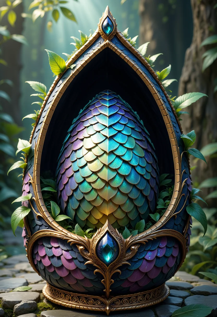 decorated dragon queen's lair, magical basket with an iridescent scaled dragon's egg inside, extremely detailed, elegant, whimsical, magical
