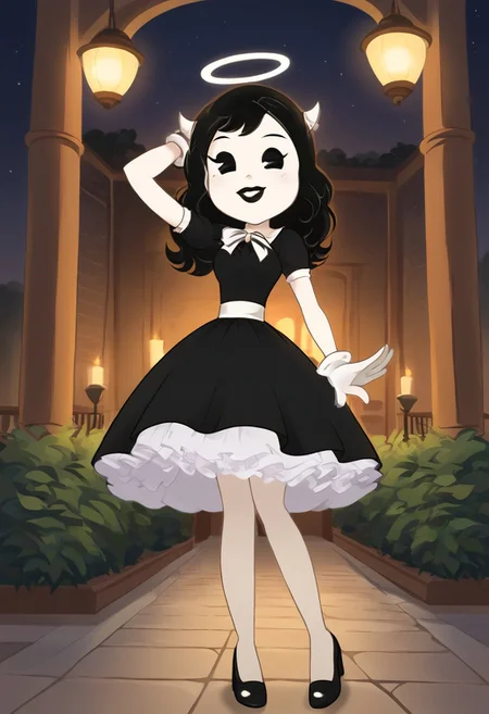 (Masterpiece, best quality:1.2), score_9, score_8_up, flat color, flat shading, soft shading, lighting, Alice Angel in a 1950's dress with a button down top, a fluffy frilly ruffled full petticoat, and high heels, dress, layered petticoat, frilly petticoat, fluffy petticoat, full petticoat, wide dress, flowing dress, solid colored skirt, short sleeves, black hair, Bendy and The Ink Machine, series accurate, cute, best high quality, high res, black lips, white colored skin, whole body shot, 1girl, solo, outside, standing straight, in a garden, cute, adorable, smile, low angle upskirt shot, cartoon, cartoon style, vector, solo, circle dress, 1950s, alice angel