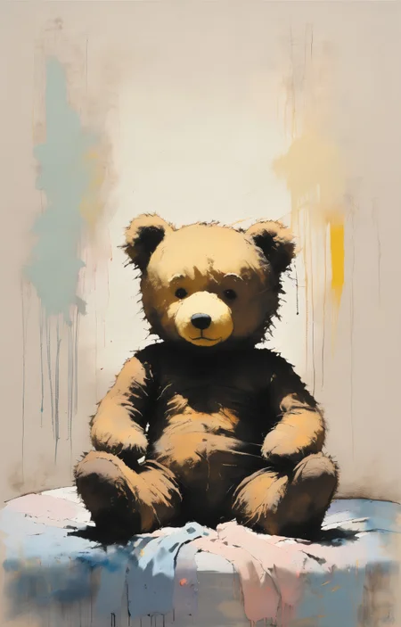 (AshleyWoodArtAI:1.3), soft pastel colors, painting of a tiny and cute teddy bear sitting on a bed <lora:AshleyWoodArtAILccp:0.6> , heavy brushstrokes