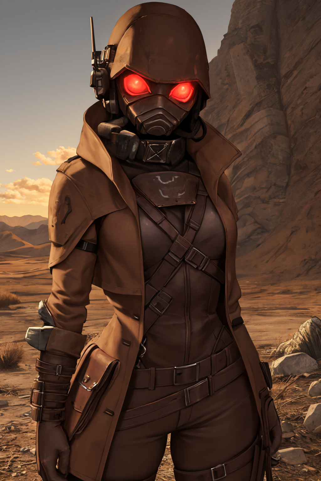 masterpiece, best quality, 1girl, solo, <lora:Desert_Ranger_-_Fallout_new_vegas-000006:1> desert ranger, glowing eyes, red eyes, duster, harness,