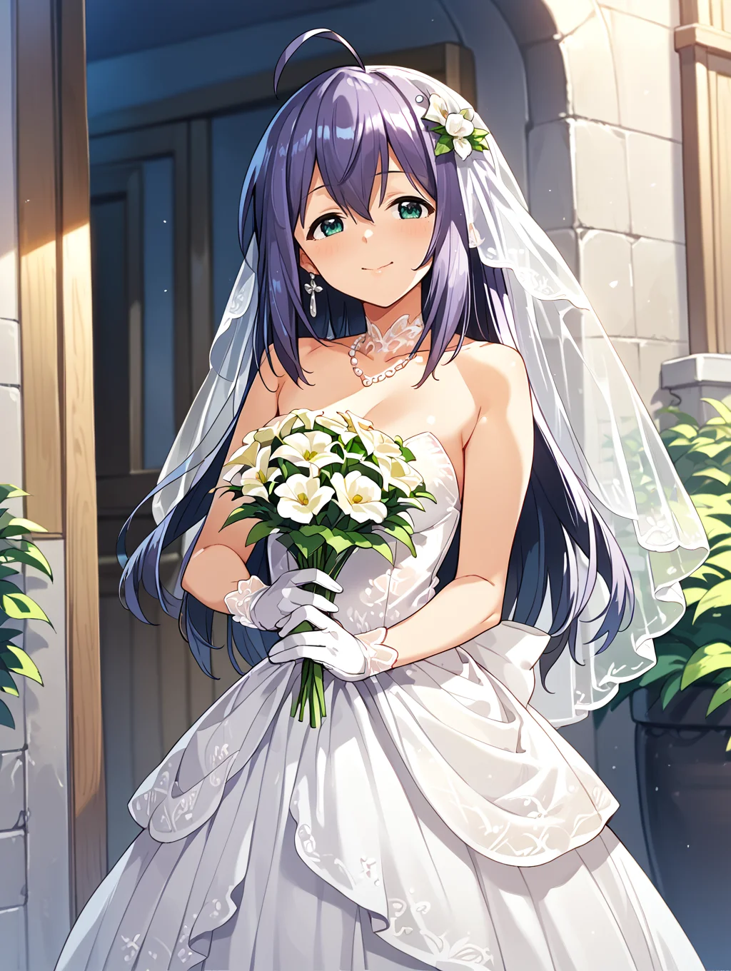 score_9,score_8_up,score_7_up,
official art,official style,game cg,megami magazine,
uncensored,
1girl,solo,
mochizuki anna,purple hair,green eyes,ahoge,
wedding dress,wedding band,white dress,white gloves,
<lora:idolmaster_mochizuki_anna_pony_v1:1>,