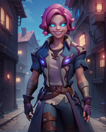 score_9,score_8_up,score_7_up,
maeve,solo.short pink hair with a hair knot,blue slit pupils,blue eyes, glowing eyes,
belt,fingerless gloves,shirt,coat,short sleeves,smile, grin,
rooftop,fantasy,
nigh,outside,alley, in the shadows,
<lora:maeve:0.8>,