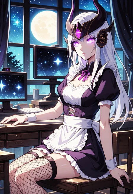 safe_pos, score_9_up, score_8_up, score_7_up, source_Syndra, sitting on a chair, (short maid dress, sexy maid dress, fishnet thight stockings), masterpiece, perfectly detailed, detailed face, detailed background, 1girl, BREAK, glowing white hair,
window, monitor, night view, night, stars, glitter, sparkles, mist, dramatic lighting, glowing eyes, purple eyes, full moon, long white hair, monitor on the desk