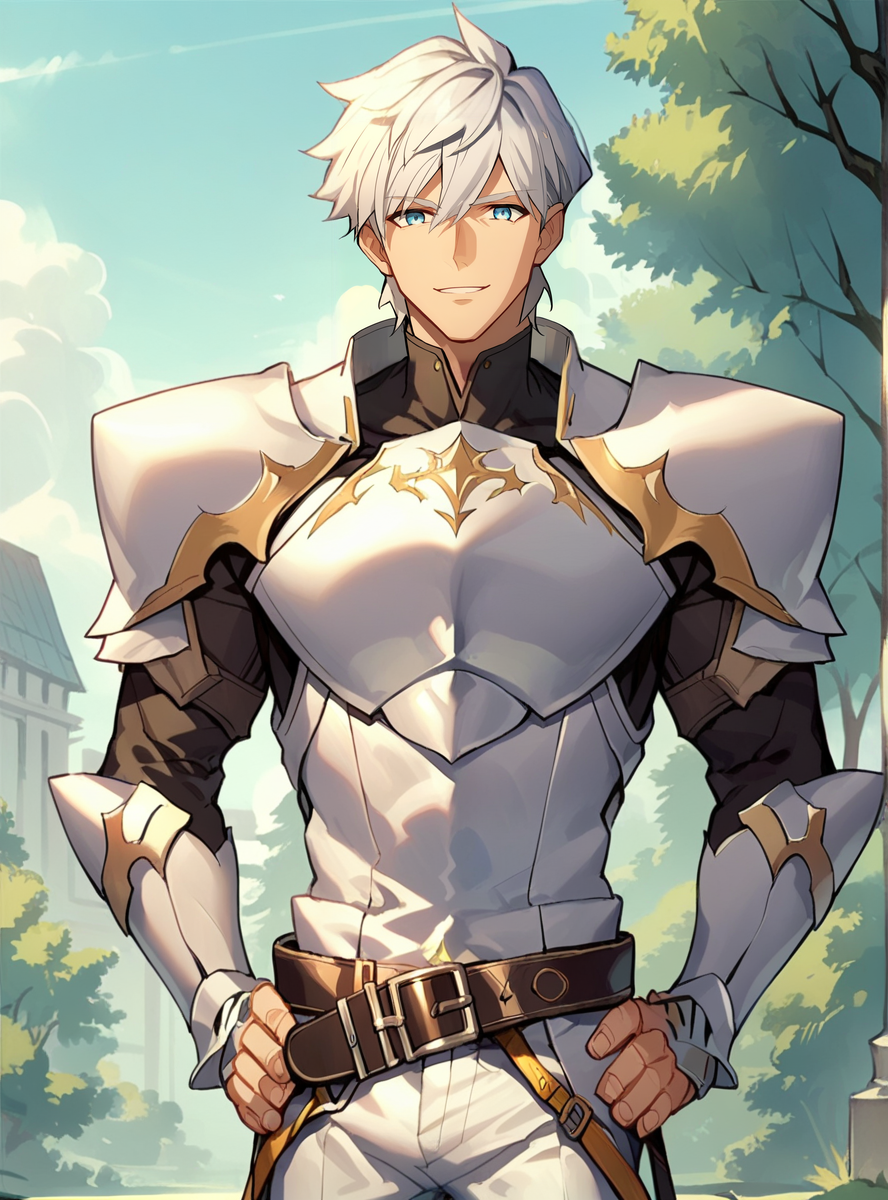 score_9, score_8_up, score_7_up, score_6_up,source_anime anime screencap, anime coloring,   <lora:PercivalFGO:0.8>percivalfgo, male focus, 1boy, solo, armor, blue eyes, short hair, white hair, looking at viewer, bodysuit, belt, shoulder armor smile, hands on hips chest_armor