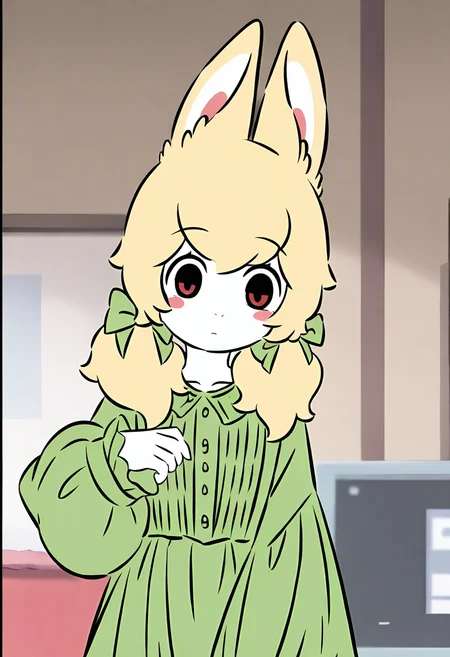 <lora:xiaoyu:1>,xiaoyu,1girl,solo,furry female,black eyes,red eyes,blonde hair,twintails,hair bow,animal ears,white skin,
green dress,dress,long sleeves,green bow,, masterpiece,best quality,amazing quality,absurdres, anime screenshot,