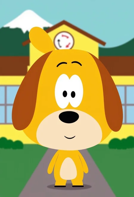 an image in the style of the tv show south park of A 3D-rendered isabelle (animal crossing), anthro-dog in a simple cartoon style with large plain eyes and a large round head. Simple and cute, standing in front of a yellow school building