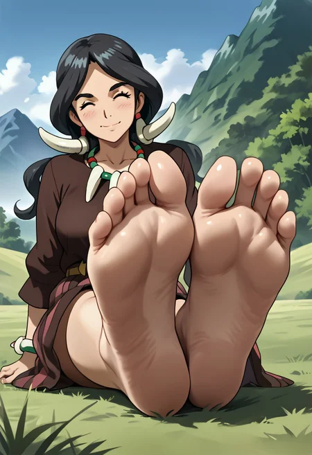 score_9, score_8_up, score_7_up, score_6_up, score_5_up, score_4_up, Drasna, closed eyes, long black hair, tribal horns, mature female, tooth_necklace, tooth_bracelet, yellow belt, vertical-striped skirt, brown shirt, long sleeves, thick eyebrows, barefoot, curvy, motherly,
looking back at viewer, gentle smile, blushing,closed mouth,
sitting on grass, mountain scenery, overcast sky, wariza, w sitting, curvy, outdoors,
(2soles, foot focus:1.3), foreshortening, sole pov, high arched foot,
staring at viewer, elegant pose, detailed sole, high-arched foot, wrinkled sole, (perfect feet:1.2), legs up, (face on view, front view), zPDXL3, detailed, (4 toes on both feet)