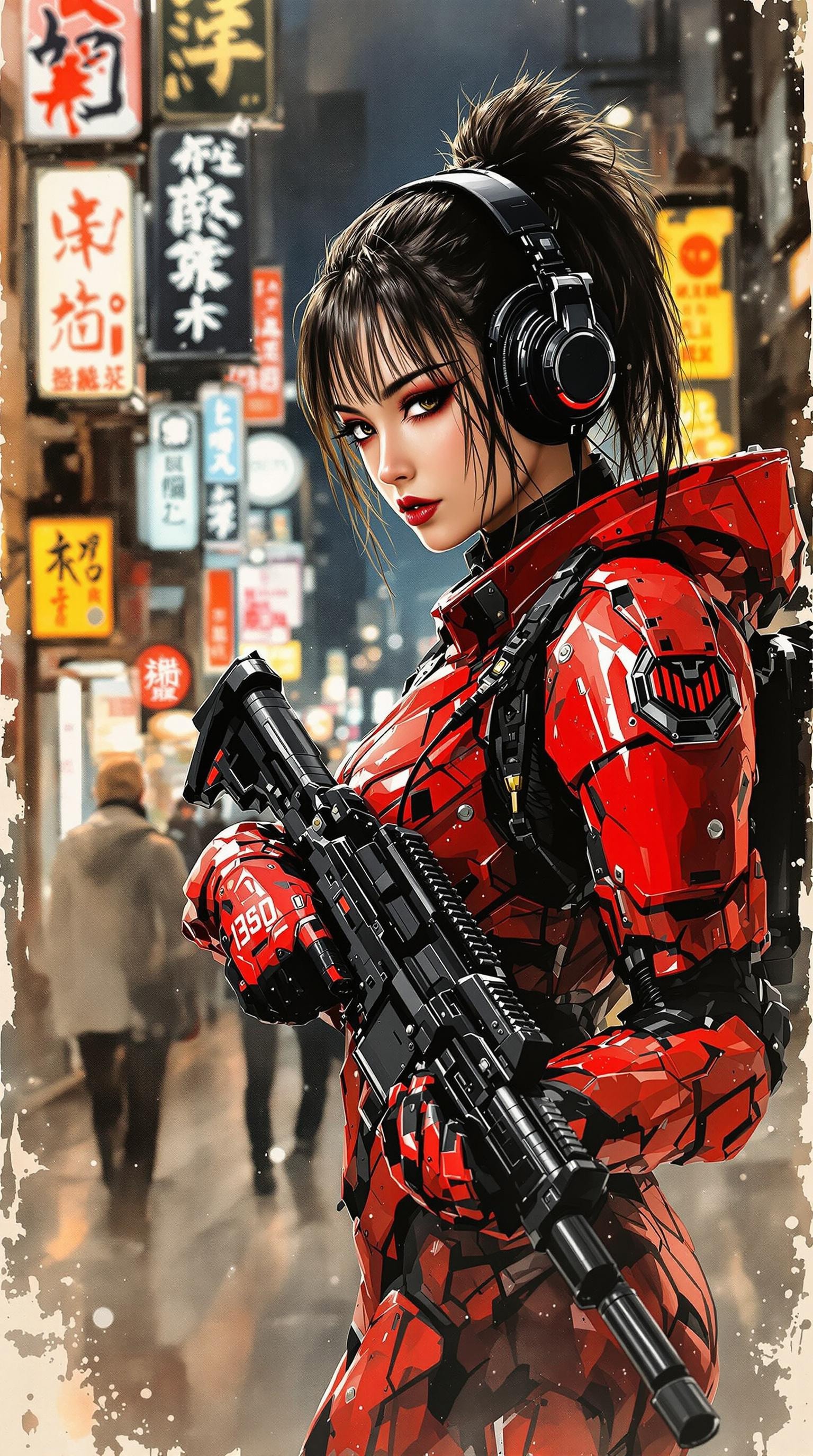 Expressive Watercolor Ink Wash, Inkplash art on rice paper, sepia, henna , masterpiece,  stunning Japanese woman wearing red and black sci-fi power armour, headphones, dark eyeshadow, holding assault rifle on cyberpunk street at night, neon signs and advertising, bokeh, side lighting