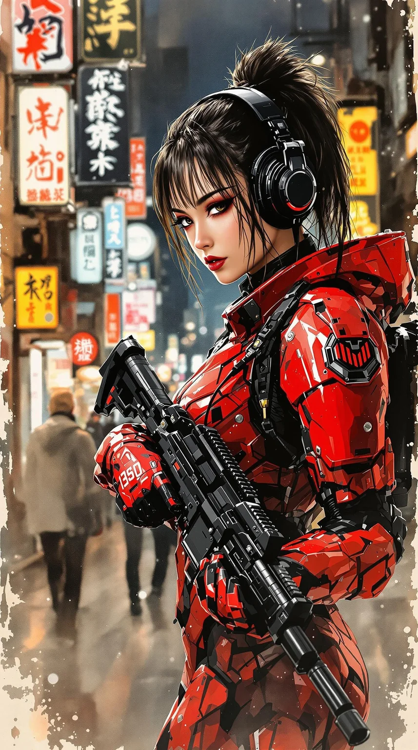 Expressive Watercolor Ink Wash, Inkplash art on rice paper, sepia, henna , masterpiece,  stunning Japanese woman wearing red and black sci-fi power armour, headphones, dark eyeshadow, holding assault rifle on cyberpunk street at night, neon signs and advertising, bokeh, side lighting