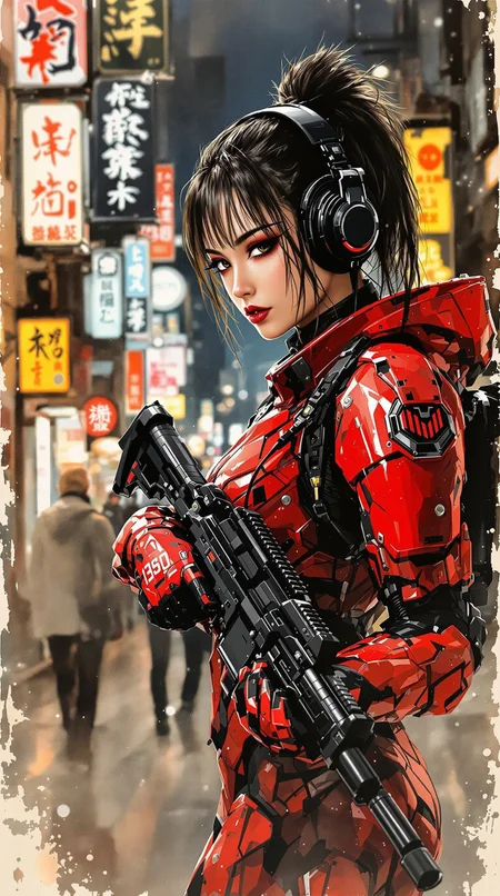 Expressive Watercolor Ink Wash, Inkplash art on rice paper, sepia, henna , masterpiece, stunning Japanese woman wearing red and black sci-fi power armour, headphones, dark eyeshadow, holding assault rifle on cyberpunk street at night, neon signs and advertising, bokeh, side lighting