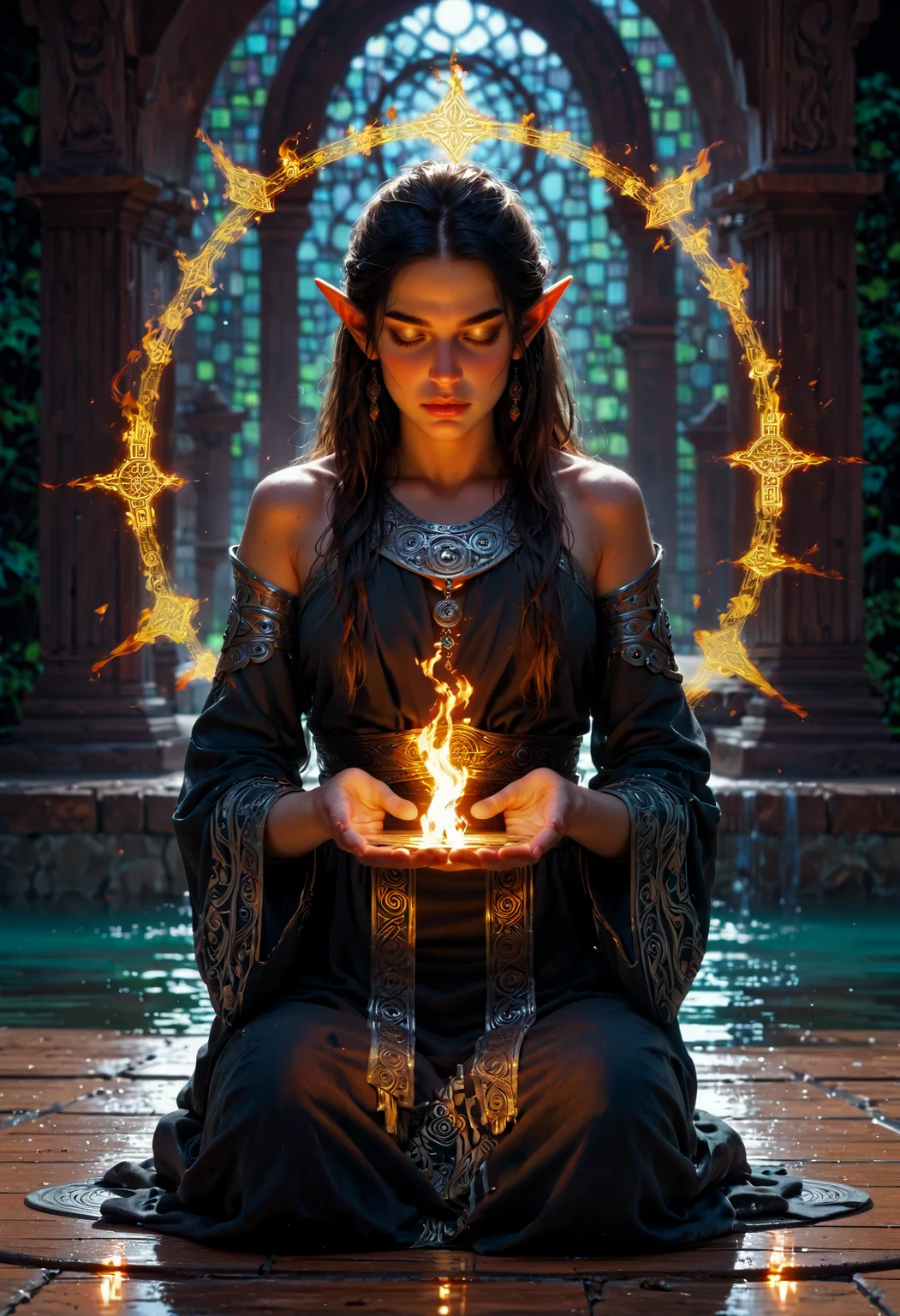 score_9, score_8_up, score_7_up BREAK female elf avatar, beautiful face, white eyes, calm look, levitation, meditation, intricate tunic, elemental circle, ,fire, water, air, earth, elements combined, sexually suggestive,