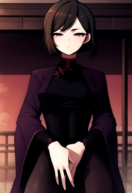 (score_9, score_8_up:1.1), score_7_up,
masterpiece, source anime,
Background dojo,wood dojo,good lighting,
from front,looking at the viewer,
blushed,
hands hidden, arms behind the back,arms back,
1girl,solo.
(perfect face:1.4),beautiful face,
(perfect hands:1.4),beautiful hands,
(perfect body:1.4),
(perfect eyes:1.4),
soft body,
<lora:perky-breasts-ponyxl-lora-nochekaiser:1>, perky breasts,
<lora:BaekSeol-linponyxl:1>,
short hair, black hair, swept bangs, brown hair, purple eyes, bob cut, red eyes,
chinese clothes, long sleeves, purple jacket, black china dress, wide sleeves