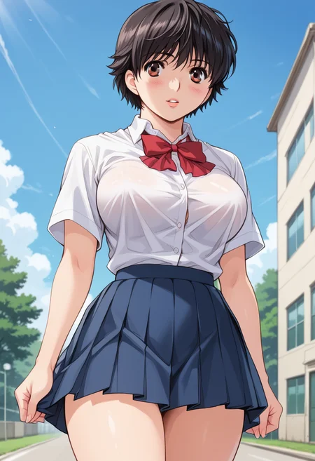 score_9, score_8_up, score_7_up, score_6_up, score_5_up, score_4_up, masterpiece, best quality, BREAK,
1girl, outdoors, <lora:Hagiwara_Chisato:1> hagiwara_chisato, short hair, large breasts, black hair, school uniform, skirt