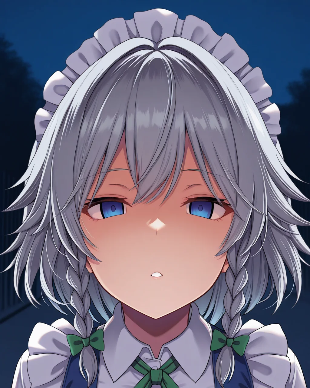 1girl, solo, izayoi sakuya,grey hair,blue eyes,green bow,maid,maid headdress,grey hair,maid,blue dress,apron, haitokukan, hypnosis, mind control, empty eyes, looking at viewer, close-up, outdoors, night, black theme, masterpiece, best quality, very aesthetic, absurdres