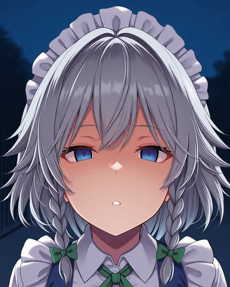 1girl, solo, izayoi sakuya,grey hair,blue eyes,green bow,maid,maid headdress,grey hair,maid,blue dress,apron, haitokukan, hypnosis, mind control, empty eyes, looking at viewer, close-up, outdoors, night, black theme, masterpiece, best quality, very aesthetic, absurdres