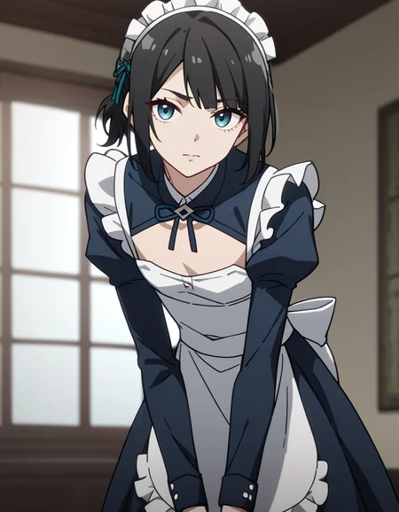 score_9,score_8_up,score_7_up,
looking at viewer,cowboy shot,leaning_forward,short hair,bob cut,maid_headdress,(maid),
<lora:maque_pony:0.5>,fellowmoon-maque,1girl,solo,blue eyes,black hair,jewelry,flat chest,<lora:Anime_Screencap:1>,anime screencap,