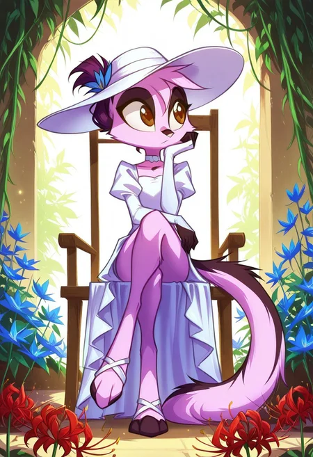 Dreamkeepers,1girl,Prelude_Vi,solo,furry,tail,source_furry,hazel eyes,
child,
masterpiece,best quality, folded ponytail, hair between eyes, bridal dress, white dress, white choker, juliet sleeves, puffy sleeves, white elbow gloves, white strappy heels, white sun hat,
sitting on a wooden chair, crossed legs, garden, vines, blue flowers, red spider lily, looking away, arm on lap, head rest, resting head on hand, deep shadows, soft shading, dappled sunlight,
wide shot, full body