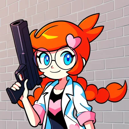 score_9_up, score_8_up, score_7_up, score_6_up, best quality, masterpiece, source_cartoon, detailed background, grey background, bricks, shadows, BREAK 1girl, solo, penny_(\warioware\), large head, orange hair, blue eyes, braids, glasses, pink hairpin, labcoat, black bodysuit, short sleeves, smile, holding gun, <lora:PDXL_Penny_WW:1>