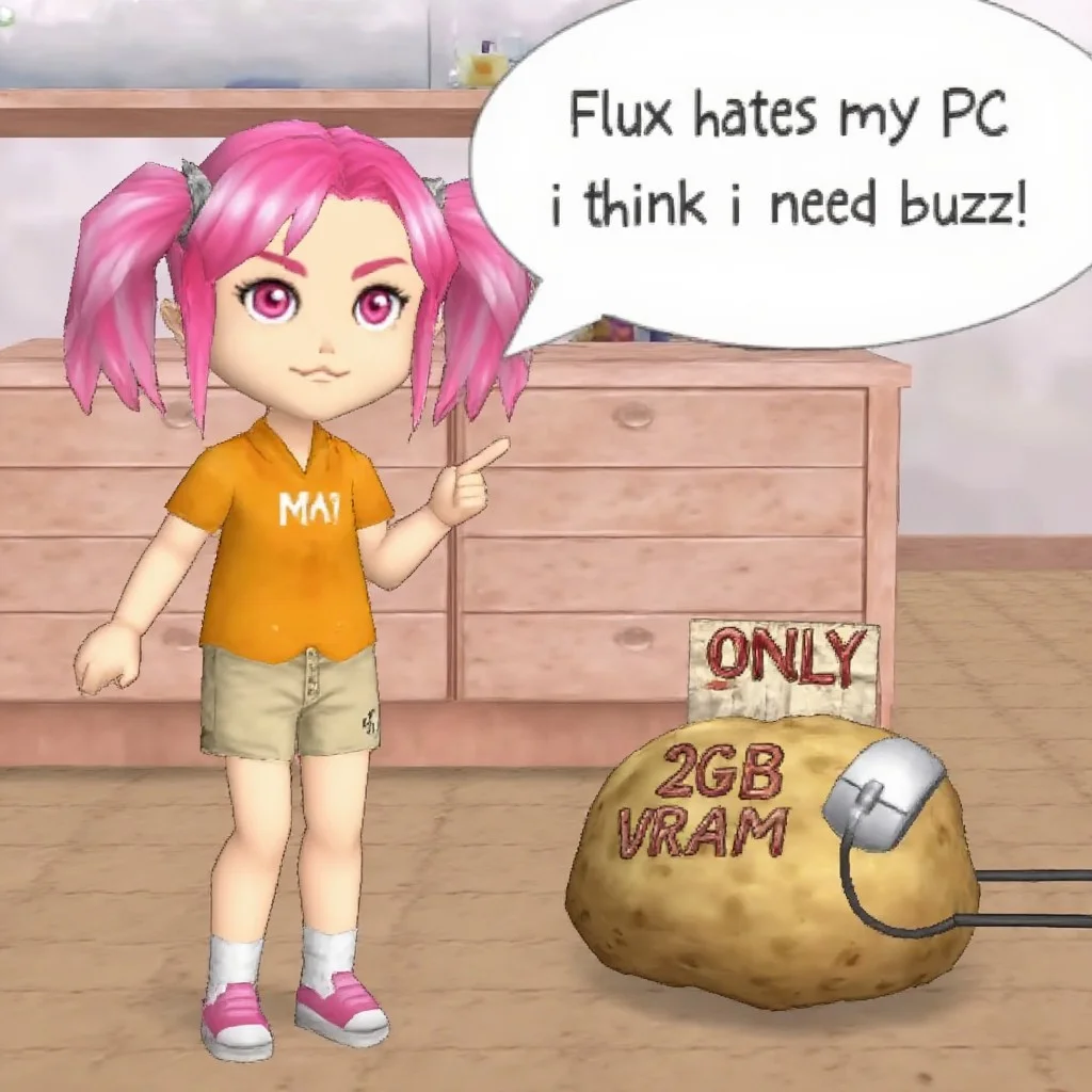 ningraphix, third person, low-poly, girl with pink short hair with twintails and pink eyes and wearing an orange shirt and beige shorts pointing at a potato that has a computer mouse connected to it. On the potato there is a sign that says "Only 2GB VRAM", Speech bubble connected to the girl that says "Flux hates my PC i think i need buzz!", indoors