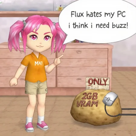 ningraphix, third person, low-poly, girl with pink short hair with twintails and pink eyes and wearing an orange shirt and beige shorts pointing at a potato that has a computer mouse connected to it. On the potato there is a sign that says "Only 2GB VRAM",  Speech bubble connected to the girl that says "Flux hates my PC i think i need buzz!", indoors