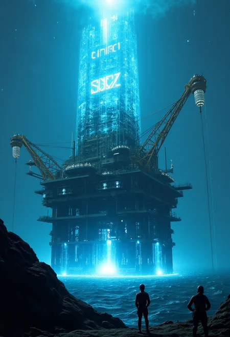 "In the heart of a vast, futuristic oil rig, towering above a churning ocean, stands a massive, high-tech fuel depot that glows with an otherworldly energy. The rig, a marvel of advanced engineering, is composed of sleek metal and transparent panels that reveal the glowing blue liquid being processed within. Giant mechanical arms extend from the rig, harvesting luminous orbs of 'Buzz' from deep within the ocean’s mysterious depths. These orbs are then funneled through translucent pipelines into a central reactor that pulses with immense power.
Above the rig, suspended in the sky, a holographic display lights up the clouds, casting the word "Fuel the Fire with Buzz!" in bold, electrifying letters. The sky is alive with streaks of lightning and auroras, reflecting the sheer energy being generated. Workers, clad in advanced exosuits, oversee the process, their silhouettes highlighted against the brilliant glow of the rig’s operations. The scene is a blend of industrial might and futuristic wonder, where the collection and harnessing of Buzz fuel the very heart of this powerful, energy-producing machine."