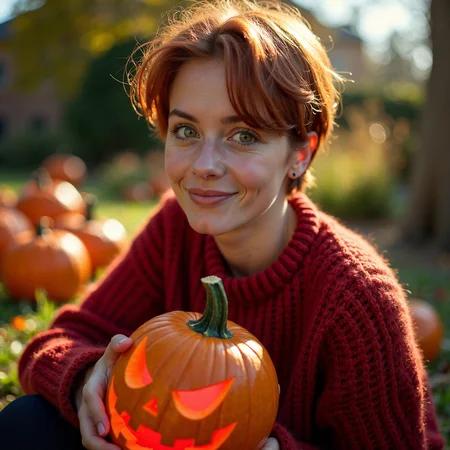 The photograph in question is a stunning production still, capturing a young woman with short red hair, dressed in a textured red wool sweater, sitting in a London garden during a sunny Halloween day.  She is holding a terrifying-looking carved pumpkin, with a red glowing from inside, in her hand.  The photograph is shot on 35mm film, providing a timeless and classic quality to the image. The lens used is sharp, rendering every detail of the scene with crisp clarity.
The photograph is taken from a low angle, looking up at the subject, creating a sense of intimacy and vulnerability. The close-up shot focuses on the subject's face and upper body, with a side profile view that showcases her candid smile and the warmth in her expressive eyes. Her green eyes are the focal point of the image, catching the light in a way that is both appealing and alluring.
The garden surrounding the subject is daytime autumn garden, with carved pumpkin all around, providing a natural and organic backdrop to the scene. The sunlight filters through the garden, casting a warm and inviting light on the subject's face. The professional lighting and color grading of the photograph enhance the clean and sharp film look, with even lighting that highlights the subject's light freckles, natural skin imperfections, and visible skin pores.
Overall, the photograph is a beautiful and evocative image that captures the spirit and personality of the young woman in a candid and authentic way. The combination of the 35mm film, sharp lens, low angle, and close-up shot creates a stunning visual that is both timeless and modern, making it a perfect production still for a movie.