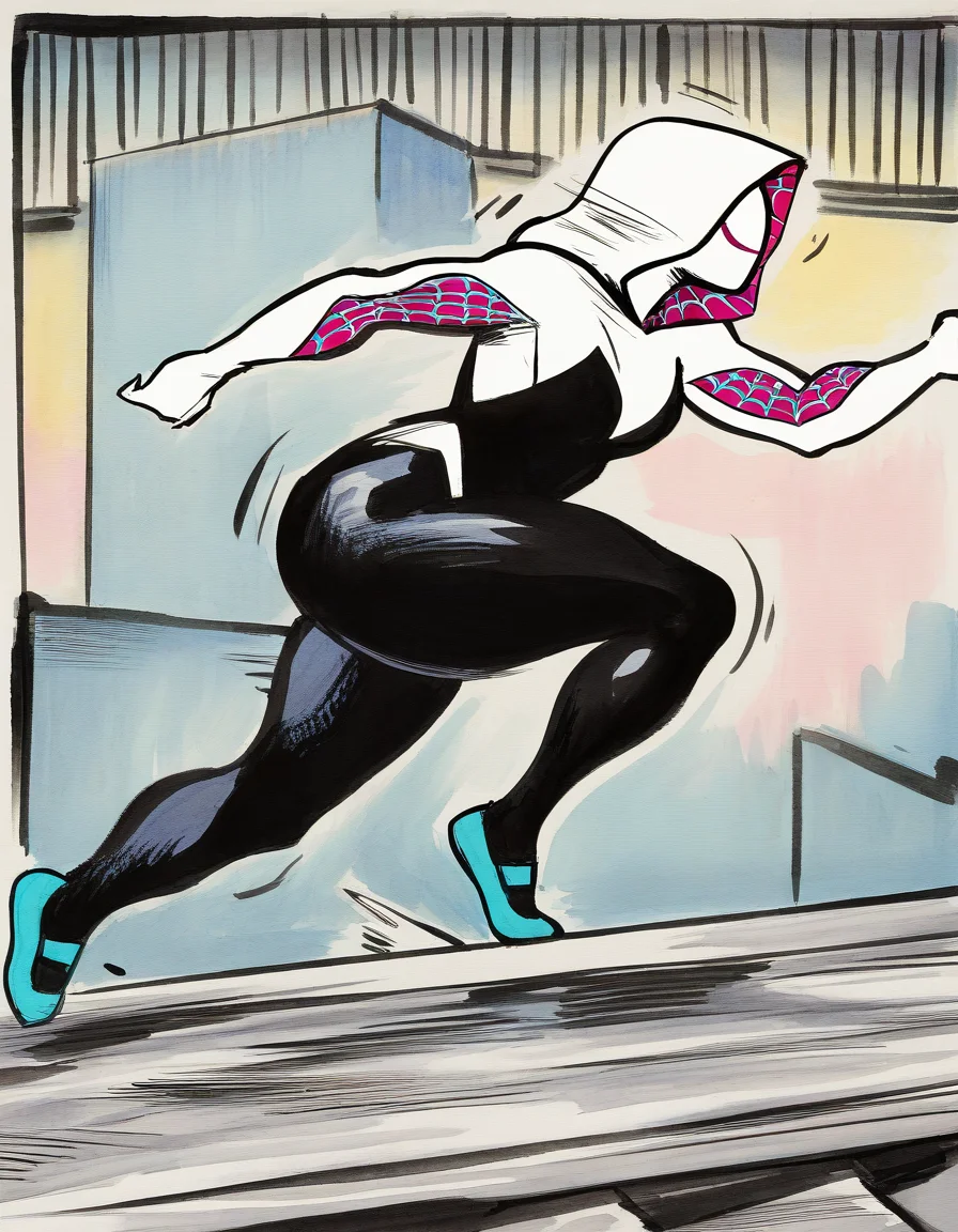 1girl, spider-gwen, running, on-rooftop, from-side, motion-lines, western-comics-(style), masterpiece, best quality, newest, absurdres, highres
