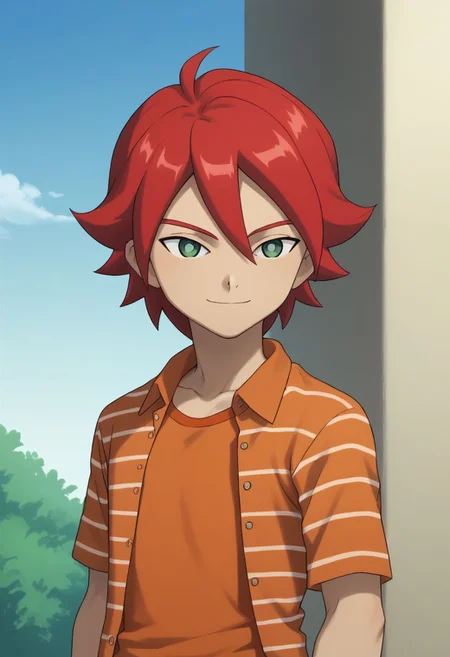 score_9, score_8_up, score_7_up, source_anime, highly detailed, 1boy, solo, male_focus, skinny, slender,
hiroto2, 1boy, solo, male focus, red hair, green eyes, shirt, orange shirt, open shirt, striped shirt, smile,
outdoor