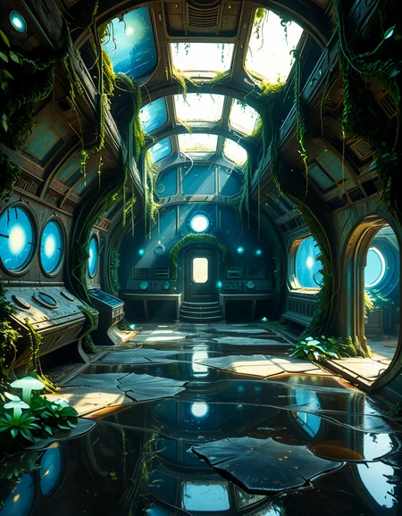 The interior of an ancient abandoned spaceship, overtaken by lush vegetation. The walls and ceiling are covered in thick, twisting vines and moss. Strange alien plants glow faintly in shades of blue and green, casting an eerie, mystical light across the metallic surfaces. Rusted control panels and shattered glass windows hint at a long-forgotten past. The floor is cracked and partially flooded with still, reflective water. Patches of bioluminescent fungi cling to the corners, adding a surreal atmosphere. The air feels heavy with moisture, and beams of soft, diffused light filter through holes in the hull, creating dramatic shafts of light and shadow. The overall style is hyper-realistic, rich in textures, with a cinematic and slightly melancholic mood.<lora:SDXLFaeTastic2400:0.4> <lora:extremely_detailed:0.4> extremely detailed,<lora:ancient_abandoned_sp4c3sh1p:1>,ancient abandoned sp4c3sh1p, Masterpiece,best quality,hi res,8k,hi res,8k,award winning,(sharp focus, intricate, highly detailed),