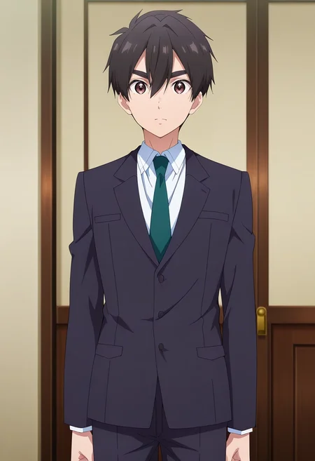 masterpiece, best quality, anime screencap, official style, anime coloring, cowboy shot, 1boy, solo, male focus, <lora:rentarou_aijou_ilxl:0.92>, rentarou_aijou, black hair, brown eyes, short hair, hair between eyes, bangs