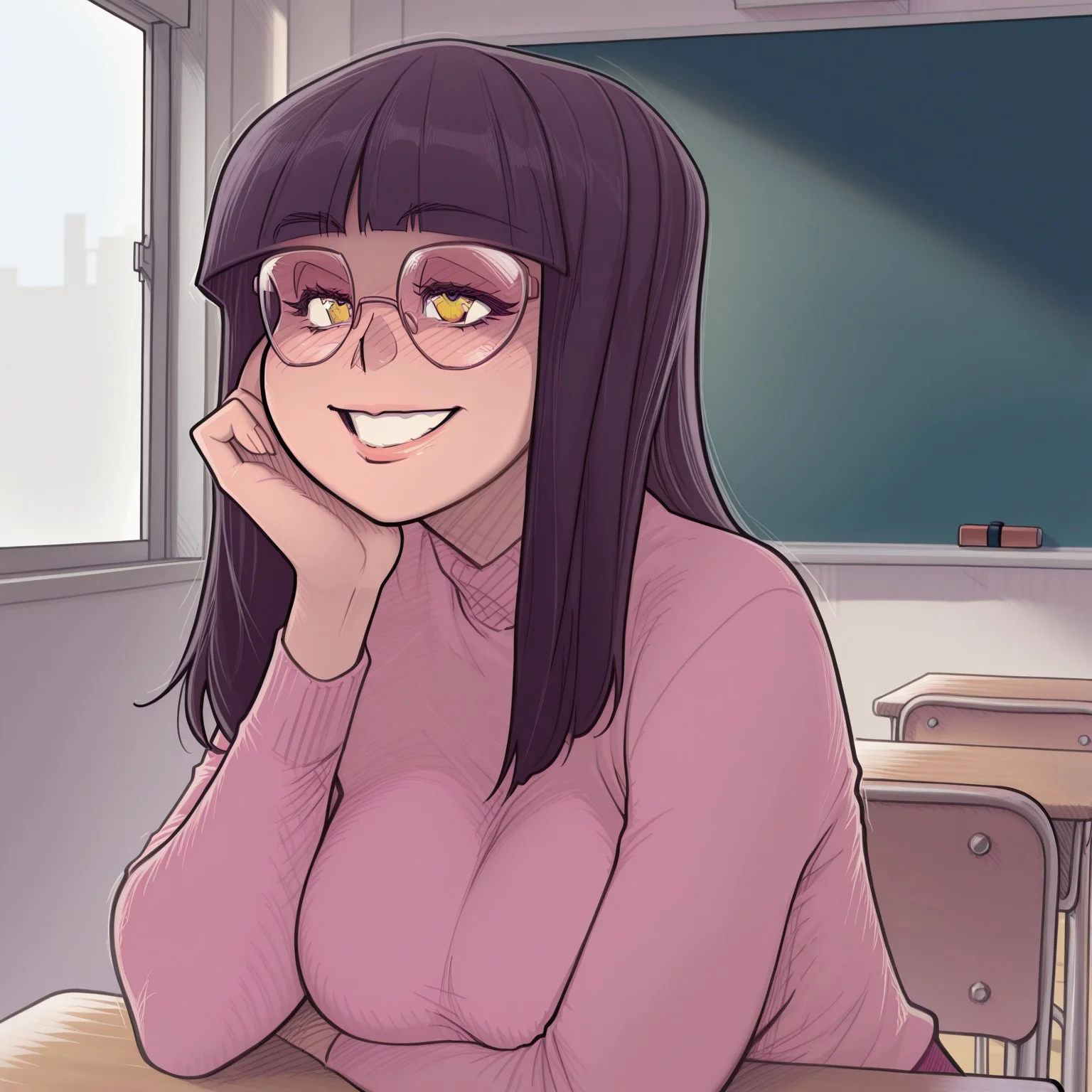 {{masterpiece, best quality, perfect face,}}, {{{{insiede, classroom, private, window, chalkboard, desk, chairs}}}}, {{{absurdres, HDR, extremely details CG,}}},
melkor_style,
1girl, solo, smiling, happy,
_h4nn4h_, black hair, bangs, blunt bangs, long hair, yellow eyes, glasses, round eyewear, large breasts,
<segment:girl's face,0.3,0.3//cid=1>
{{{{extremely_beautiful_detailed_anime_face_and_eyes, source_anime,}}}}
