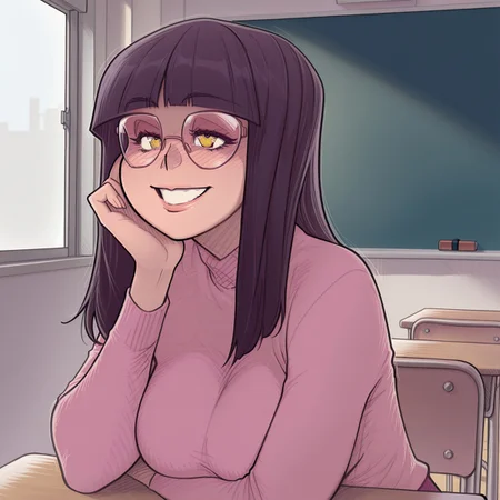 {{masterpiece, best quality, perfect face,}}, {{{{insiede, classroom, private, window, chalkboard, desk, chairs}}}}, {{{absurdres, HDR, extremely details CG,}}},
melkor_style,
1girl, solo, smiling, happy,
_h4nn4h_, black hair, bangs, blunt bangs, long hair, yellow eyes, glasses, round eyewear, large breasts,
<segment:girl's face,0.3,0.3//cid=1>
{{{{extremely_beautiful_detailed_anime_face_and_eyes, source_anime,}}}}