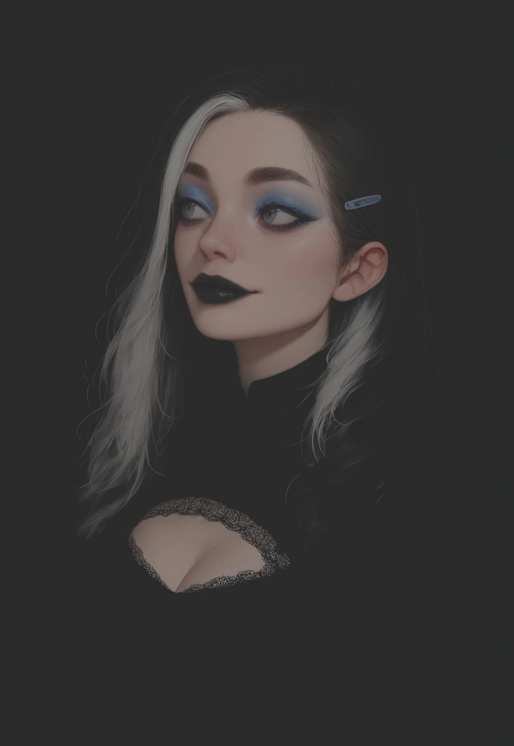 (Blend_in, black background), score_9, score_8_up, score_7_up, masterpiece, best quality, absurdres, vibrant, highly detailed, very aesthetic, sidelightning, (portrait, close-up, focus on face), 1girl, Ally, beautiful, flawless, perfect face, grey eyes, (goth girl, black lace outfit, black low cut silk blouse, cleavage cutout, lace-trimmed clothes), goth outfit, hair clips, black hair with white highlights, freckles, blue eyeshadow, black lipstick, smile, looking to the side