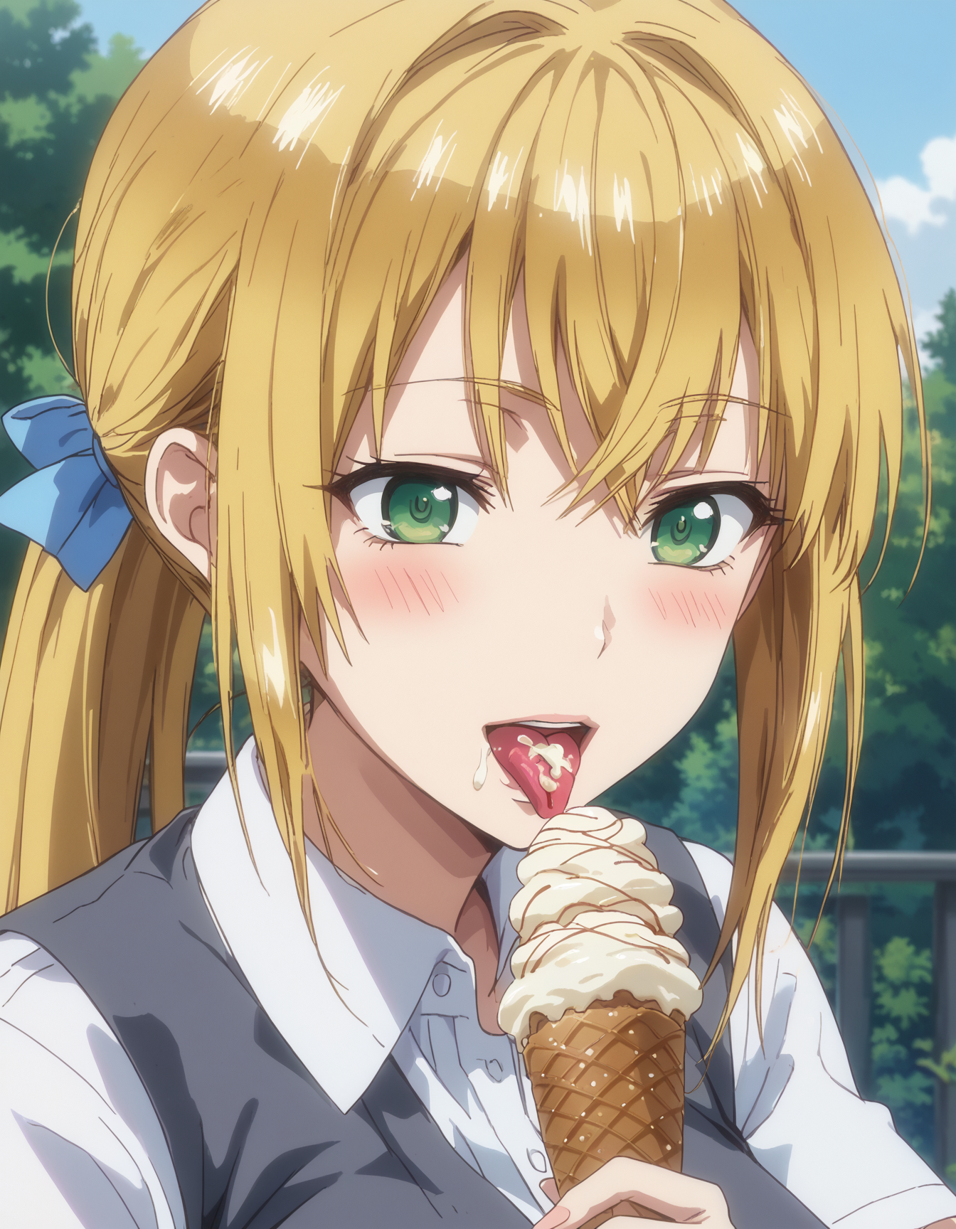 score_9,score_8_up,score_7_up, score_6_up, source_anime, anime_screencap, anime_coloring,  <lora:AisaMakabe:0.8>, portrait, AisaMakabe, 1girl, green eyes, blonde hair, long hair,solo,ponytail,sidelocks, large breasts, hair ribbon, crossed bangs, outdoors, open mouth, licking ice cream ,tongue out,(sexually suggestive:1.5), ((close-up)),happy, blush, grey miniskirt, grey vest, white shirt, dress shirt, pleated skirt, short sleeves, blue hair ribbon, <lora:add-detail-xl:1.5>,<lora:Expressive_H:1>, blush,expressiveh, ice cream in mouth