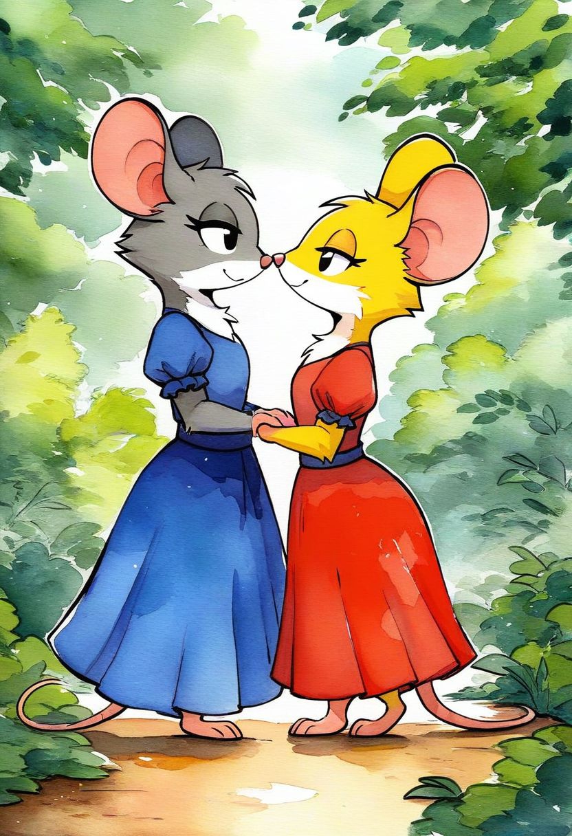 score_9, score_8_up, score_7_up, score_6_up, score_5_up, score_4_up, two mouse women walking together, (mouse), dress, (dense vegetation), (forest), furry, source_furry, (source_cartoon), female, feminine, detailed background, full body shot, (feral:1.6), drawing, grey fur, yellow fur, watercolor, side view, romantic, (bedroom eyes)
