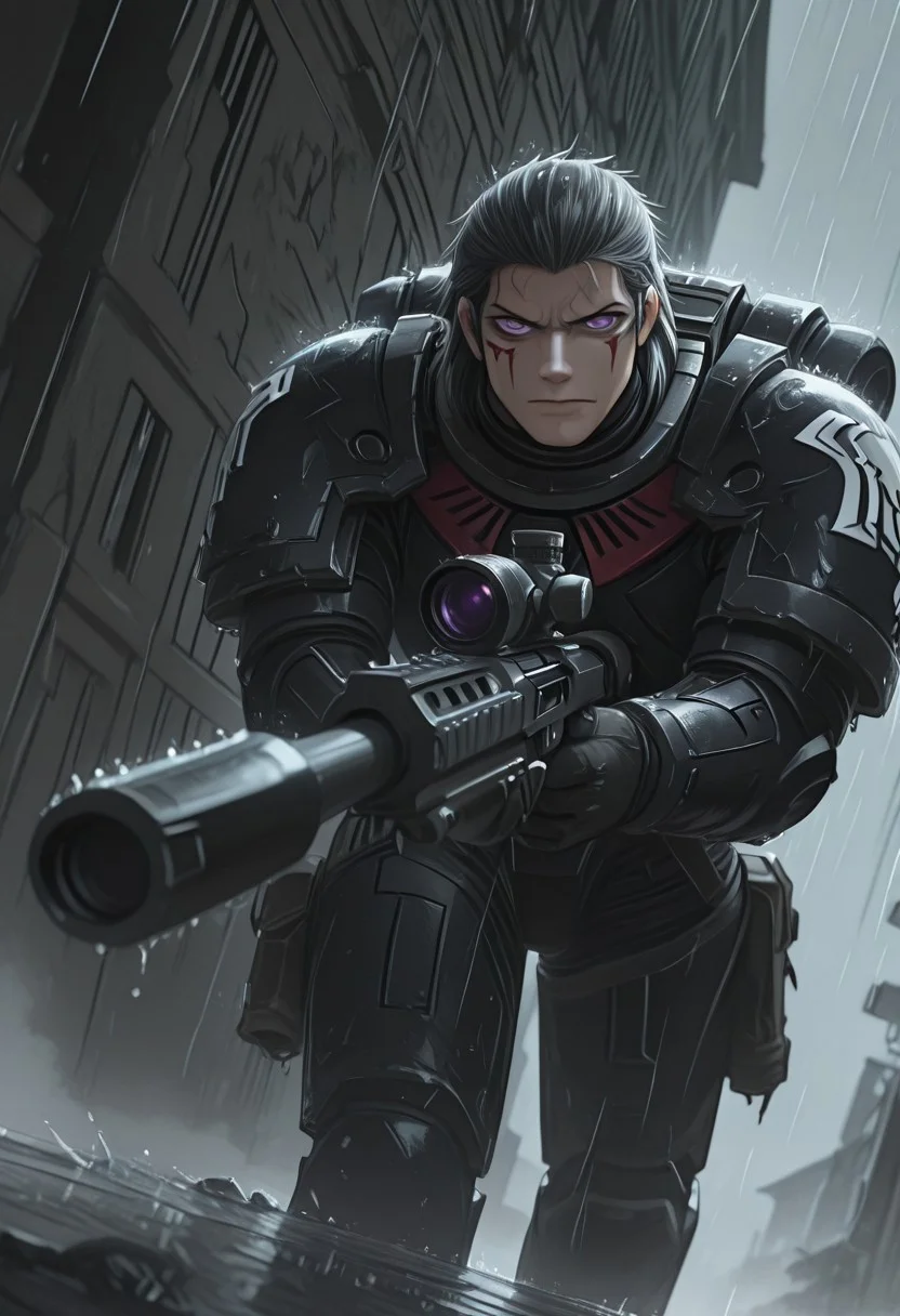 masterpiece, best quality, high quality, newest, highres,8K,HDR,absurdres, dynamic angle, realistic, 1boy, wearing edgRG_(power armor), pauldrons, raven emblem, solo, 1boy, Raven, a handsome man, black hair, grey hair, purple eyes, black eyes, perfect eyes, holding a sniper, broken window, silhouette, creepy, backlit, haunted, lightnings and thunders, rain, rainy, fog, mist, cold, dutch angle, dark interior, solo, close up, mid shot, dutch angle, <lora:edgIllustriousXL_Raven_Guard:1>
