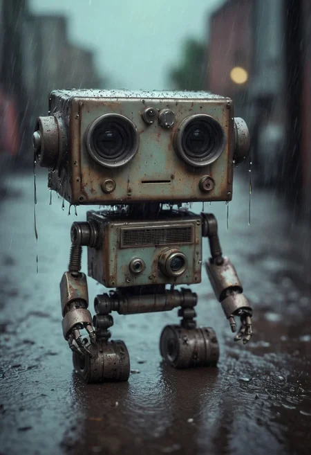 Small robot, cute robot, rectangular body, treaded wheels, compact head, expressive binocular-like eyes, sad and curious appearance, heartbreaking, cute, heavy rain, very sad, lonely, lost place, cyberpunk, desaturated, vibrant colors, dramatic lighting, desaturated background, bokeh, dark theme, soothing tones, depth of field, dramatic backlighting, film grain,