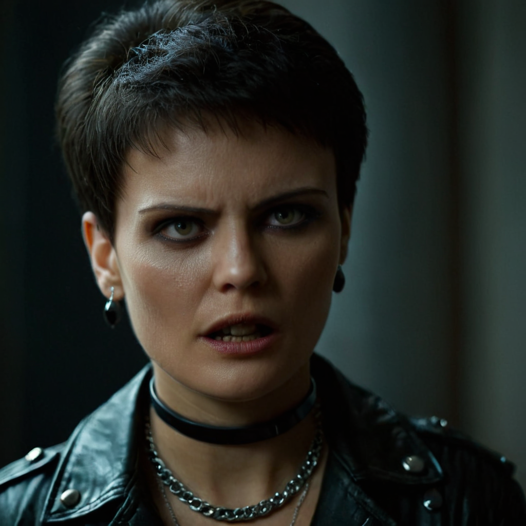 Horror-themed, <lora:add-detail-xl:0.1>1
<lora:detailed:0.3> realism
<lora:perfection style:0.2> perfect
<lora:eyetune:0.6>
<lora:xl_more_art-full_v1:0.3>
<lora:Ron Fricke style:0.3>
<lora:Unreal Engine style:0.3>
<lora:TeethXL:0.3>
<lora:Chiaroscuro Lighting Style:0.3> Chiaroscuro Lighting Style
 <lora:Army of the dead horror style:1>
A different unique picture of a short hair 50 years old woman with a very angry look on her face, horror movie themed, sharp, detailed, artistic, creative, dramatic light, cinematic style, film style, horror style, solo, short hair, open mouth, black hair, 1boy, jewelry, jacket, male focus, earrings, teeth, indoors, blurry, depth of field, blurry background, chair, piercing, clenched teeth, ear piercing, portrait, realistic, leather jacket, 1girl, choker, solo focus
, Eerie, unsettling, dark, spooky, suspenseful, grim, highly detailed