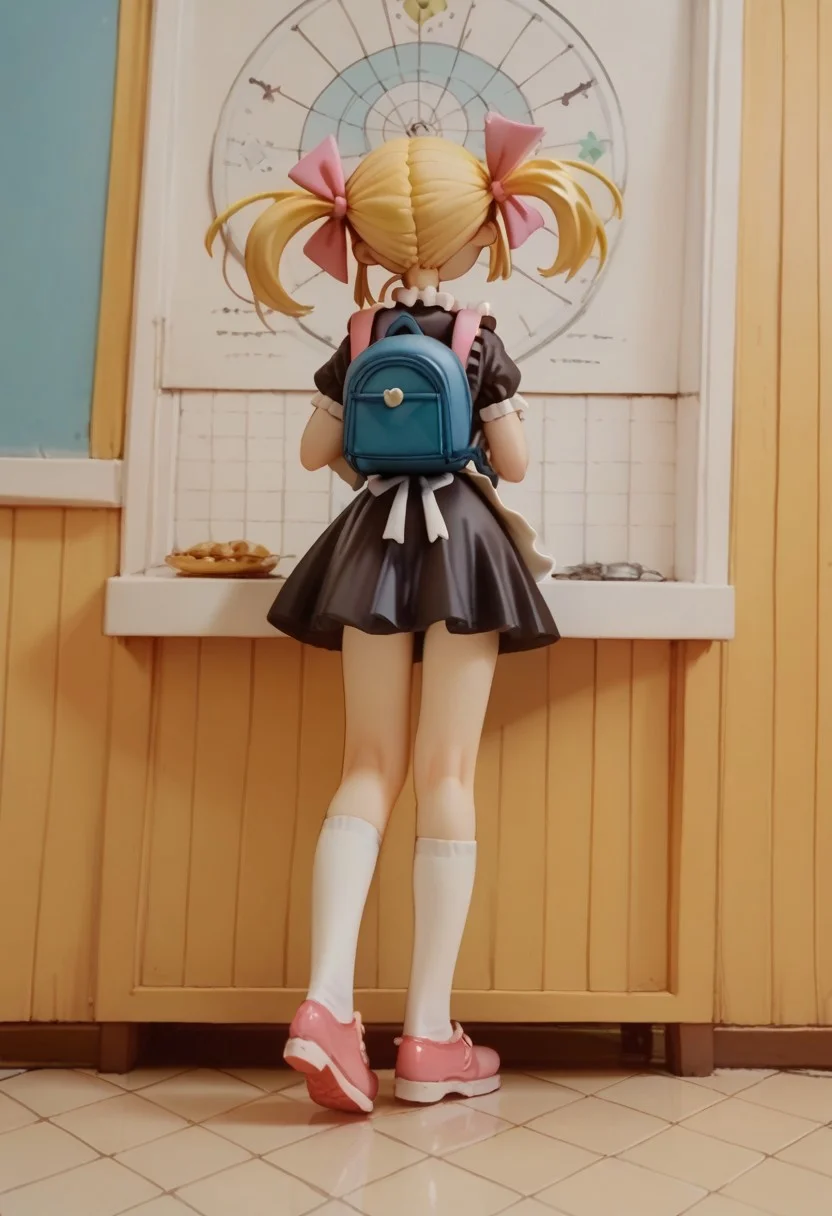 score_9, score_8_up, score_7_up, score_6_up, 1girl, solo, furled brow, , <lora:tst:0.7> blonde hair, twintails with pink bows, round glasses, black short minidress, white apron, shoes with white socks <lora:Boli_Style:1> Boli, 3xt3nd3dupsk1rt,extended , backpack, from behind, looking at viewer