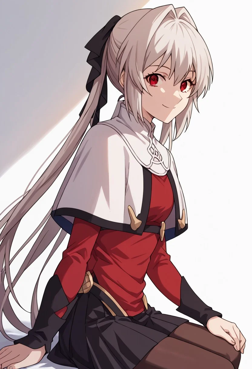 score_9, score_8_up, score_7_up, source_anime, <lora:lynneburg-clays-s1-ponyxl-lora-nochekaiser:1>, lynneburg clays,
long hair, red eyes, twintails, grey hair, hair intakes, hair ribbon, pantyhose, capelet, white capelet, dress, red dress, long sleeves, skirt, black skirt, pleated skirt,
white background,
sitting, looking at viewer, smile, from side, solo, cowboy shot, dutch angle