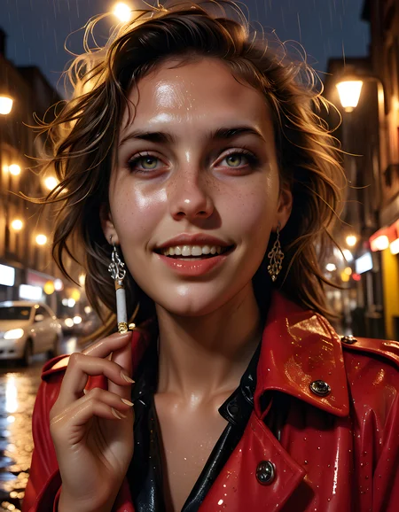M4R150L, In a gritty, noir-inspired setting of rain-soaked cobblestone alleys under dim, yellow streetlights, the photograph captures a close-up of Marisol, a woman with auburn freckles, cascading brown hair, and a hint of a smile with slightly parted lips, revealing perfectly straight, white teeth. Her eyes, deep brown and full of life, are focused intently on something just out of frame. She wears a unique outfit: a vibrant red trench coat draped artfully over her shoulders, a black silk blouse adorned with intricate, silver filigree detailing, and high-waisted, distressed leather pants. Her pierced ears glint in the semi-darkness as she holds a cigarette between two fingers, its glow illuminating her face in a soft, warm light. The camera angles from below, creating an almost godlike perspective, emphasizing her fierce confidence and resilience amidst the rain-soaked chaos of the city behind her.