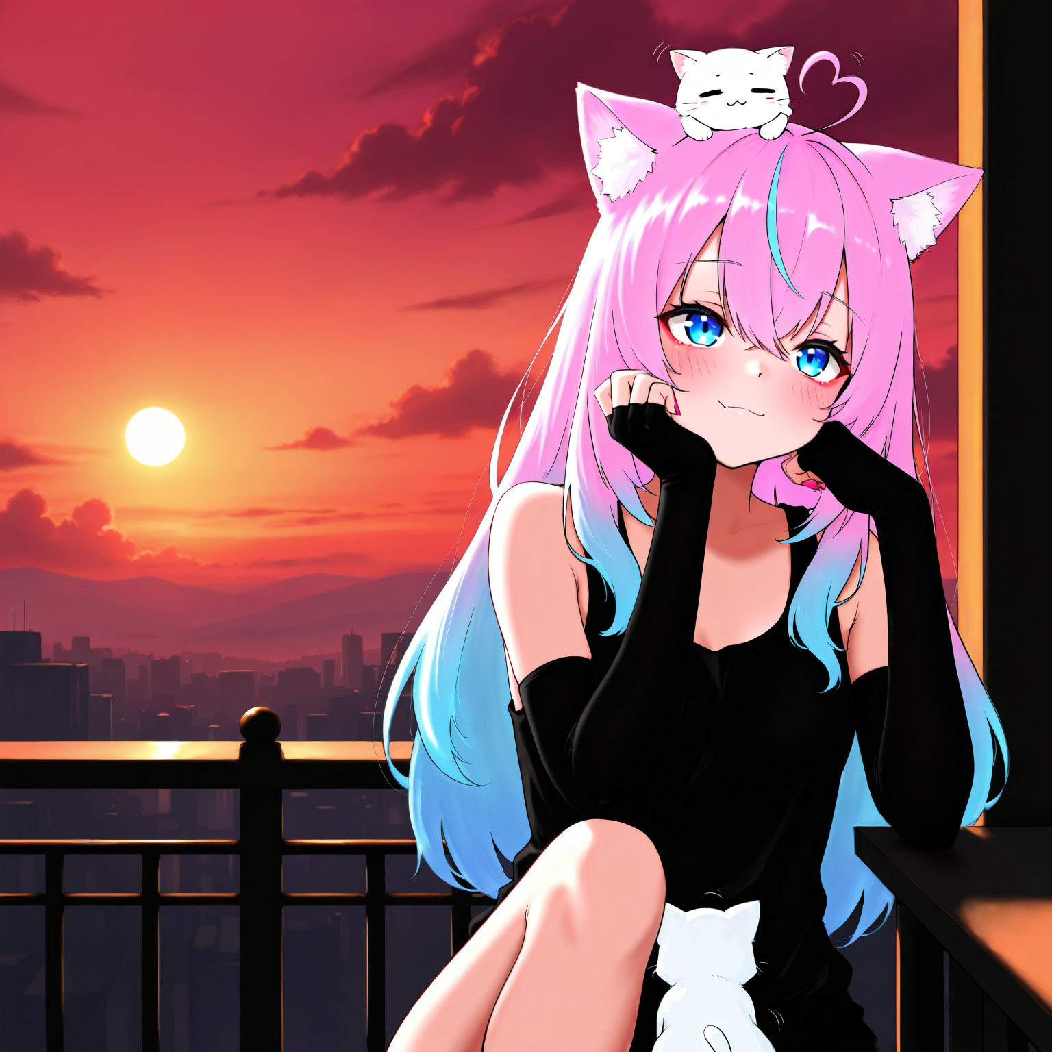masterpiece, best quality, amazing quality, very aesthetic, absurdres,  newest, scenery,, 1girl, 
flat colors, amazing quality, solo, cat girl, blonde, blue eyes, heart ahoge, cat ears, upper body, long hair, looking afar, head rest, small breasts animal ears, tank top, balcony, red sky, outdoors, animal ears, black tank top, fang out, white cat, sleeveless shirt, twilight, railing, sky, fingernails, closed mouth, multicolored hair, skin fang, :3, heart, breasts, hand up, cloud, bare shoulders, sidelocks, smile, elbow rest, sleeveless, animal ear fluff, ahoge wag, pink nails, shirt, blush, ahoge, cloudy sky, streaked hair, pink hair, fang, blue hair, hair between eye, arm rest, virtual youtuber, flat color,
straight-on, reaching, "/<o/>_/<o/>", Dutch Angle (from behind:1.1) view medium Close shot (focus on legs:1.1), buttocks. The girl is wearing a sleeveless black tank top and has a slender teenage build with small breasts and narrow hips. She has black elbow gloves on her hands and white furry ears on her head. Nekomata okayu looks away with her eyes wide open and her mouth closed. Her legs are slightly apart and one leg is raised up to the knee. In front of her on the balcony railing is a white cat looking at the viewer. The background features an orange sky with clouds and a silhouette of mountains in the distance behind the girl's back., vise-ss4, masterpiece, best quality, amazing quality, very aesthetic, absurdres,  newest, volumetric lighting, scenery, <lora:last-000004:0.9>