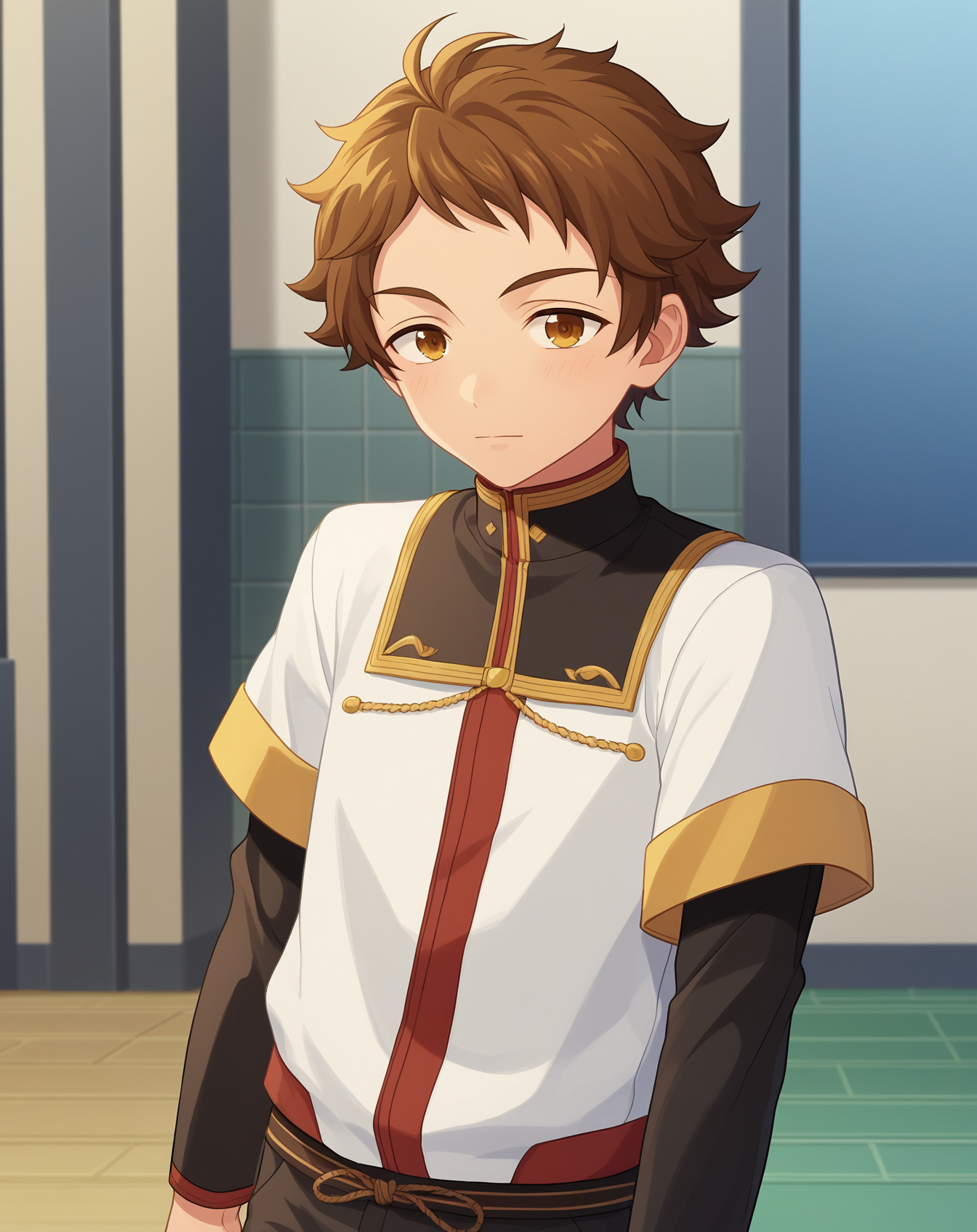 score_9, score_8_up, score_7_up, source_anime, anime screencap, depth of field, rating_safe, BREAK,
1boy, solo, yaoi, male focus, 
looking at viewer, cowboy shot, facing viewer, standing, arms at sides, 
<lora:tenma_mitsuru_pony_PA:1> tenma_mitsuru_pony, brown hair, brown eyes, short hair,
indoors,